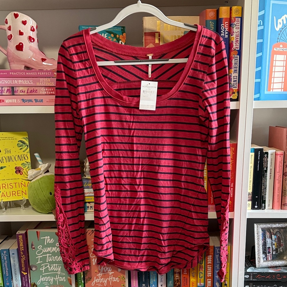 Free People Pink and Black Striped Blouse
